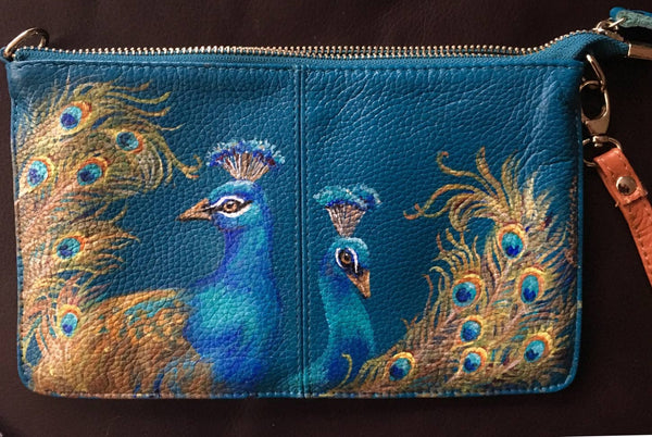 Purple Peacock Hand-Painted Leather Wallet
