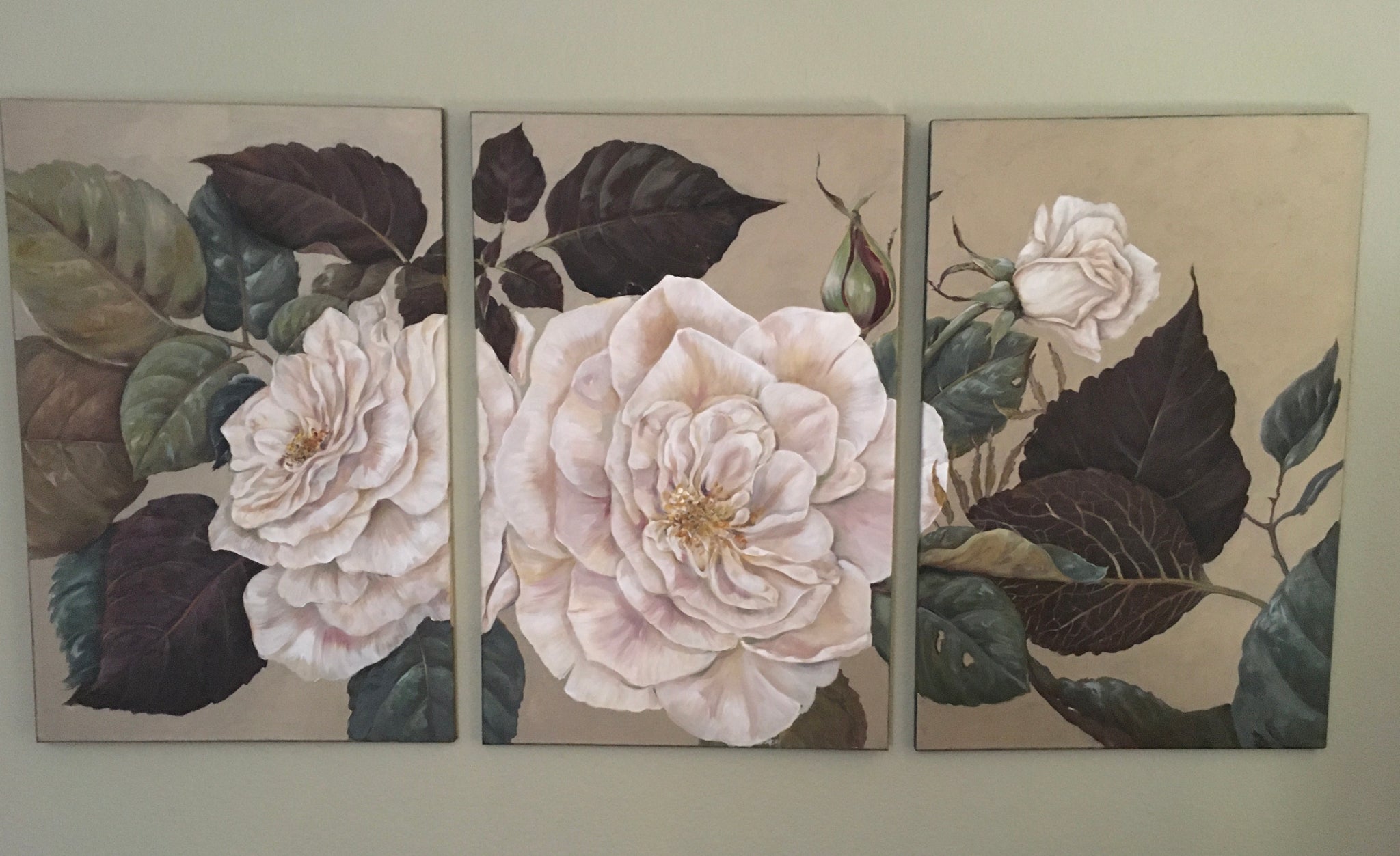Three 36x24 panels, gold background, thick gallery wrap. can be used at bed board or behind couch.. $875