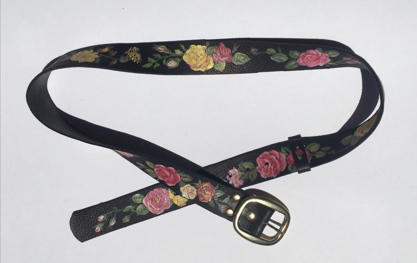 Handmade & Hand-Painted Black Leather Belt with Roses