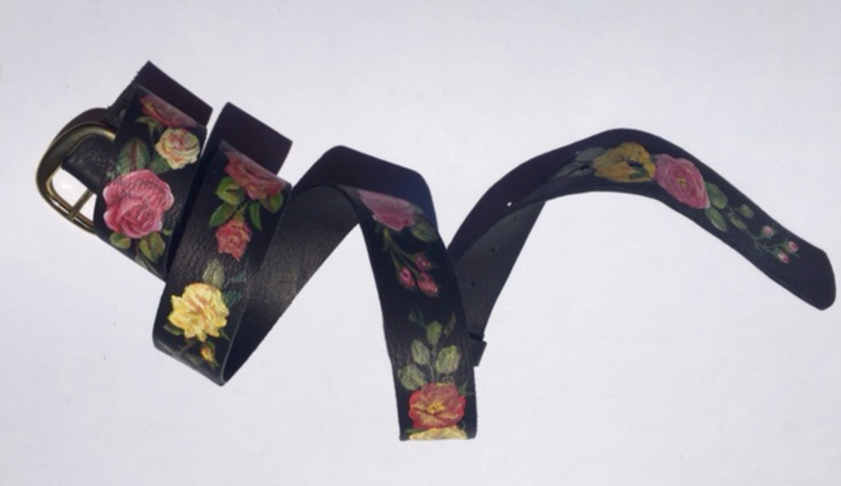 Handmade & Hand-Painted Black Leather Belt with Roses