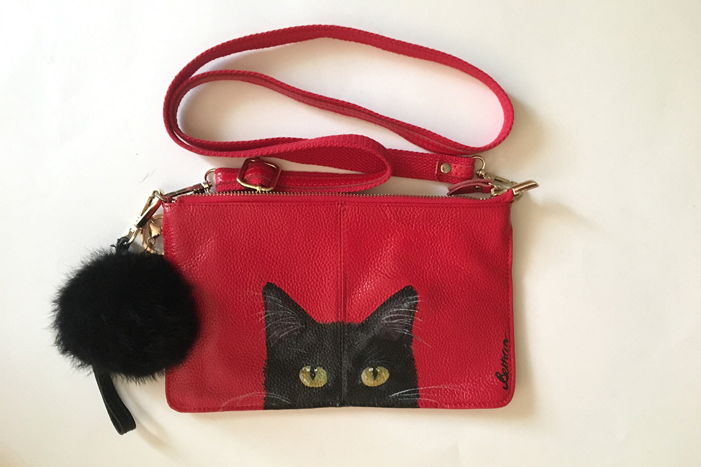 Hand-Painted Leather Cross Body Bag - Cats