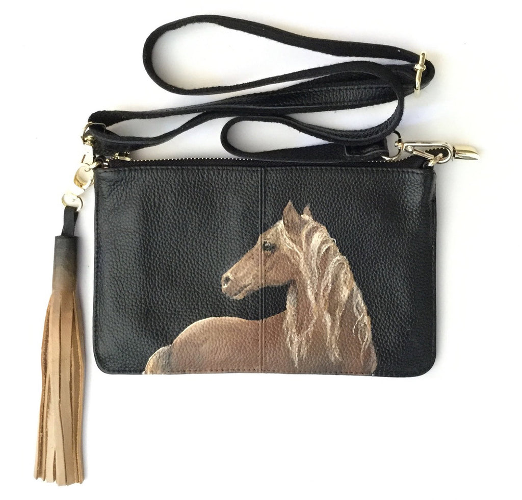 Hand-Painted Leather Cross Body Bag - Horses