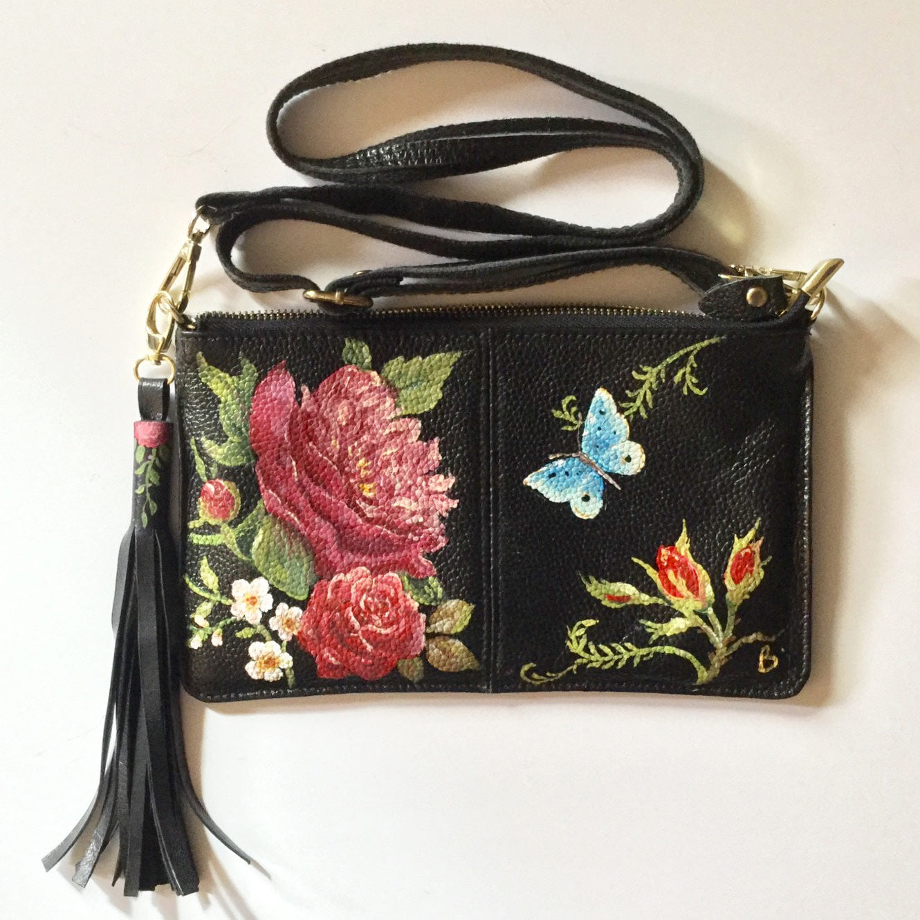 Hand Painted Black Leather Handbag Clutch With Top Handle and 