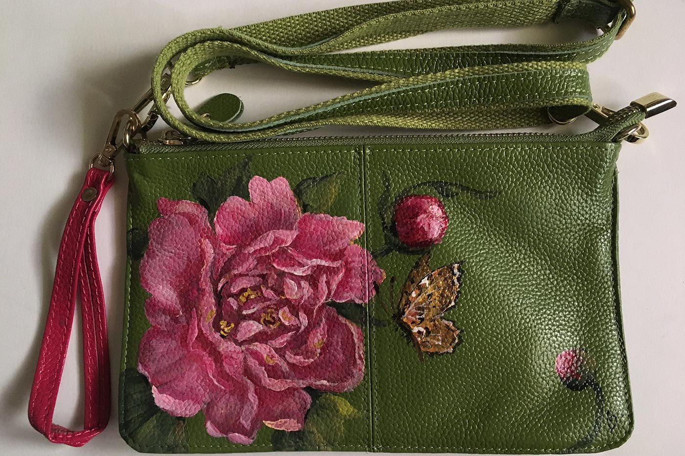 Women's Leather Crossbody Bag - Pink & Green Peony Floral, PU Leather Shoulder Bag