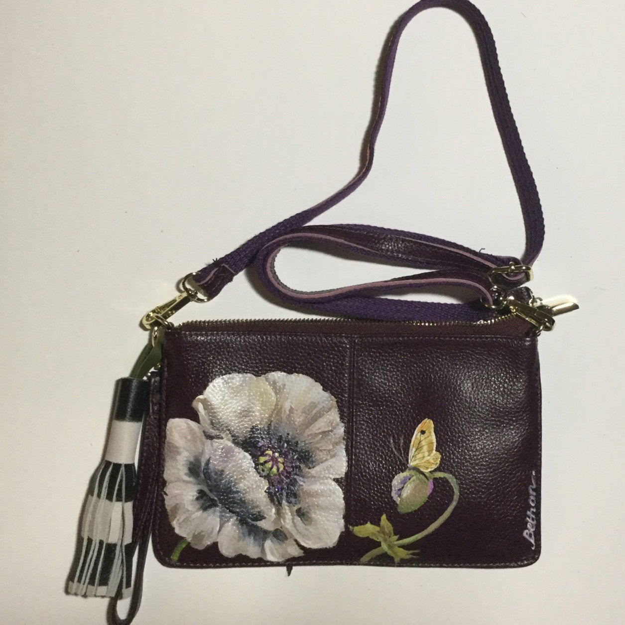 Hand-Painted Leather Cross Body Bag - Flowers