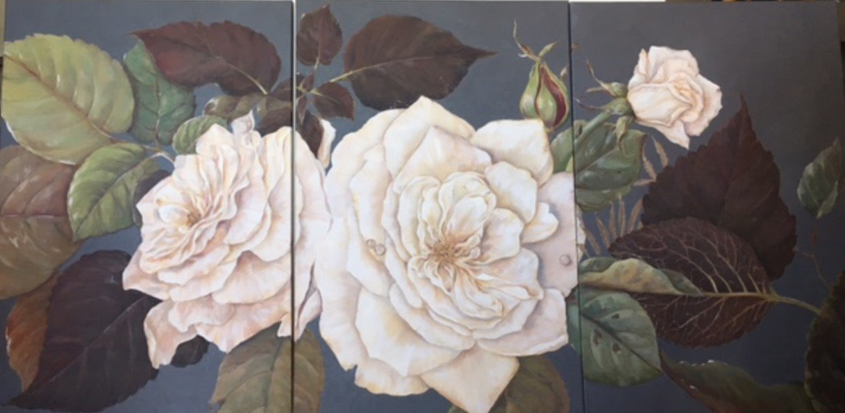 White Roses Trip Tych Acrylic Painting 24" x 36" (each panel)
